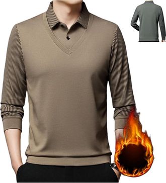 Generic Mens Fake Two Piece Lapel Long-Sleeve Tops,Mens Warm Striped Faux Two Piece Shirt,Casual Polo Top Knitted Sweater for Men Khaki