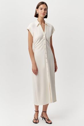 Exquise Ursula Collared Gathered Waist Knit Midi Dress in Bone at Nordstrom, Size Small