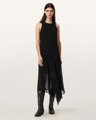 AllSaints Polyester Cyra Asymmetric Maxi Dress, Size: UK 14/US 10