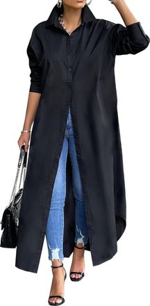 Generic Shirt Dresses for Women Casual Long Sleeve Cotton Button Down Maxi Dresses (M,A-Black)