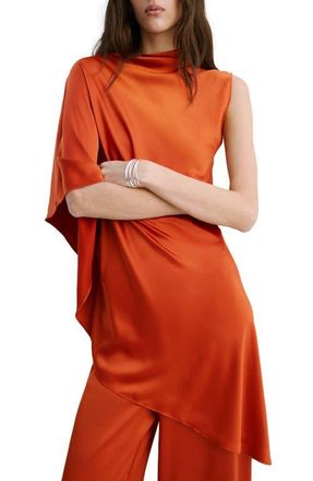 Mango Asymmetric Single Elbow Sleeve Satin Top in Russet at Nordstrom, Size 8