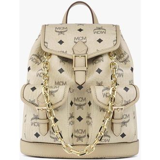 MCM Mini Aren Drawstring Backpack in Visetos in Beige+Black Logo at Nordstrom