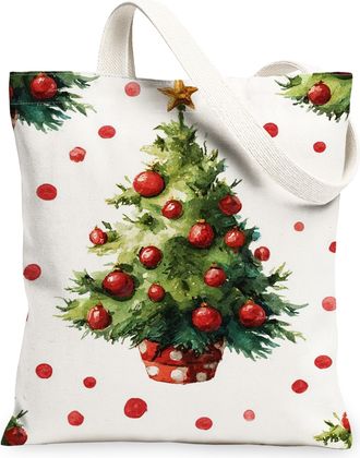 Generic Christmas Canvas Tote Bags, Festive Tree and Polka Dot Pattern Reusable Grocery Bags, Fanciful Lightweight Washable Shoulder Strap Canvas for Holiday 