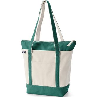 Lands End Zip Top Long Handle Canvas Tote Bag in Natural/bright Spruce at Nordstrom, Size X-Large