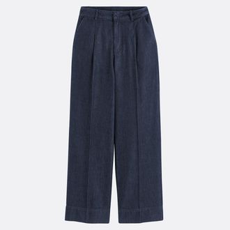 La Redoute Collections Broek van denim met wijde pijpen, hoge taille, scherpe plooien