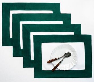 Solino Home Linen Placemats Set of 4, 14 x 19 Inch for Dining Table, Holiday and Everyday Table Decor - Contempo in Rainforest And White at