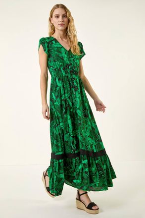 Roman Tropical Leaf Print V-Neck Midi Dress