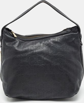Carolina Herrera Zip Expandable Black Monogram Leather Hobo