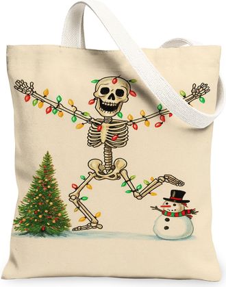 Generic Christmas Skeleton Canvas Tote Bags, Fun Holiday Design Reusable Grocery Bags, Vintage Washable Shoulder Strap Canvas for T, Beige, 13x15 Inch