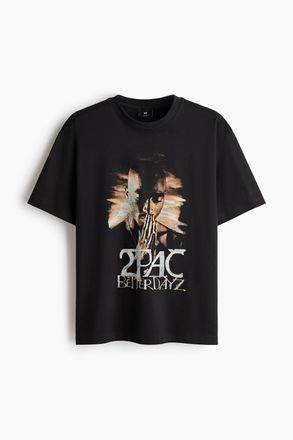 H&M T-Shirt in Loose Fit - Schwarz/ 2Pac