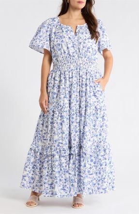 Sugarlips Francine Toile Fabiola Ruffle Maxi Dress in Wht-Blues-Mult at Nordstrom, Size 3 X