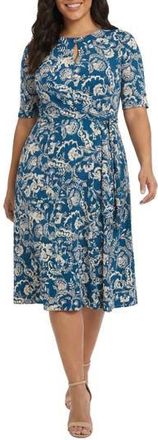 London Times Floral Elbow Sleeve Side Tie Fit & Flare Midi Dress in Blue Opal/Stonewall at Nordstrom Rack, Size 20W
