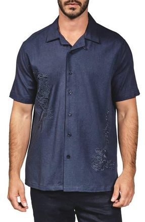 7 Diamonds Marco Floral Embroidered Camp Shirt in Blue at Nordstrom, Size Xx-Large