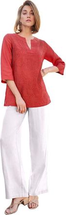 Jessica London Linen V Neck Embroidered Tunic in Burnt Red Leaf Embroidery at Nordstrom, Size 16