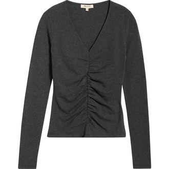 Madewell Shirred V-Neck Long Sleeve Top in Heather Charcoal at Nordstrom Rack, Size Xx-Large
