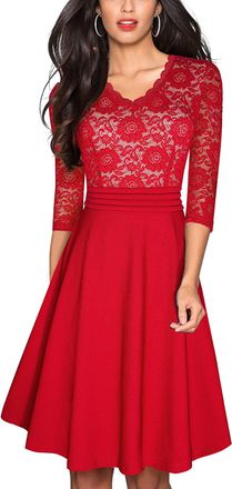 Homeyee Women Vintage 3/4 Sleeve Floral Lace Embroidered Cocktail Flared Dress A062 (L, Red)