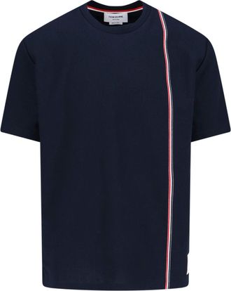 Thom Browne Navy Blue Cotton T-Shirt With Tricolor Detail And Classic Fit