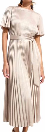 Joseph Ribkoff Pleated Satin Fit & Flare Dress In Sand
