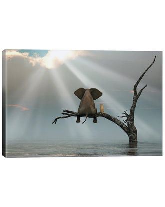 iCanvas Elephant And Dog Are Sitting On A Tree Fleeing A Flood By Mike Kiev Wall Art