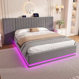 Merax 5FT King Grey Velvet Hydraulic Storage Ottoman Bed With LED