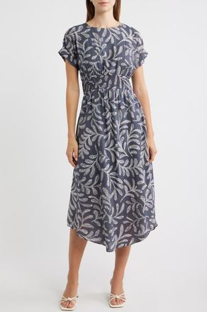 Maggy London Leaf Print Smock Waist Midi Dress in Grey/ivory at Nordstrom, Size 12