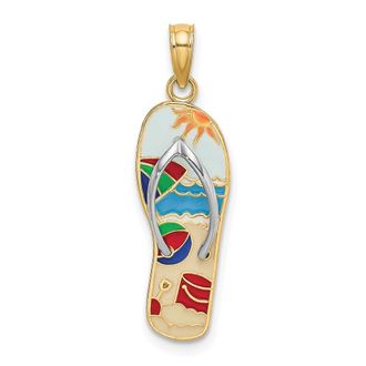 Diamond2Deal 14k Yellow Gold Rhodium Multi-Colored 3D Enamel Beach Scene On Flip-Flop Charm