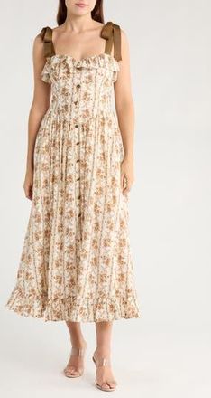 Blu Pepper Tie Strap Ruffle Midi Dress in Brown Multi at Nordstrom Rack, Size Small