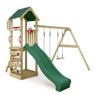 Fatmoose Parque Infantil De Madera Fatmoose Kiwikey Kick Con Columpio Doble Y Tobogan En Verde