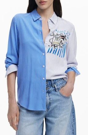 Desigual Colorblock Stripe Cotton Button-Up Shirt in Light Blue at Nordstrom Rack, Size Large