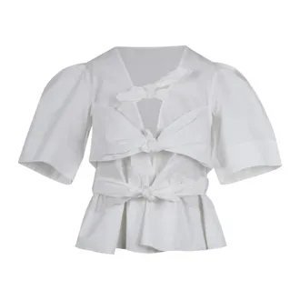 Ganni Blouses, female, White, Size: XS V-Neck Blouse with Bows