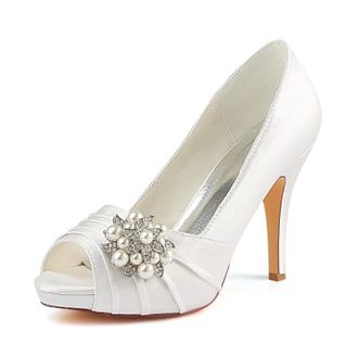 Emily Bridalwear Ivory Wedding Shoes High Heel Peep Pumps Platform Pleated Pearl Rhinestone Slip-on Bridal Shoes (EU39/UK6, Ivory)