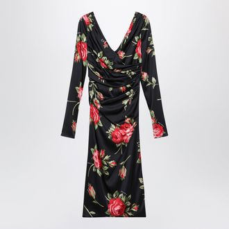 Dolce & Gabbana Draped satin dress with Bouquet rose print in black