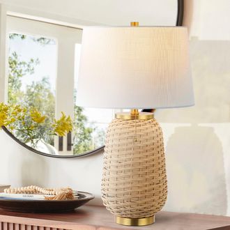 Jonathan Y Designs Chakrii 25 Rustic Bohemian Iron/Rattan LED Table Lamp with Pull-Chain