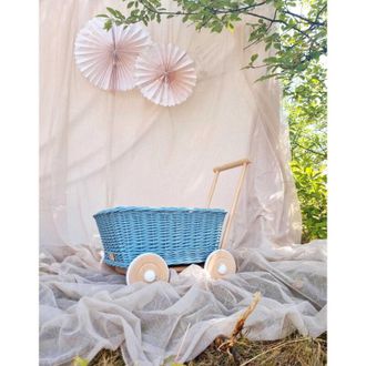 OEM Carrito De Juguetes De Mimbre Color Verde Azulado. Cesta De Juguetes De Mimbre Con Ruedas