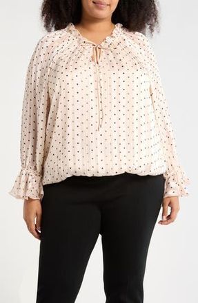 Adrianna Papell Polka Dot Tie Keyhole Long Sleeve Top in Blush/Black Dot at Nordstrom Rack, Size 2X