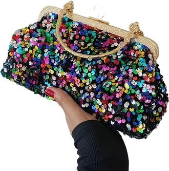 Generic Fashion Sequin Women Handbags Glitter Clutches Metal Handle Evening Bags Wedding Party Ladies Shoulder Crossbody Bags Bags (Black)