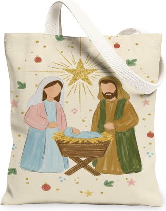 Generic Nativity Canvas Tote Bags, Holiday Star Reusable Shopping Bags, Vintage Lightweight Washable Shoulder Strap Canvas for Chri, Beige, 13x15 Inch