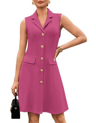 Grace Karin Womens Elegant Sleeveless Dresses Summer Lapel Collar Solid Color A-Line Casual Formal Dresses 2XL Rose Red