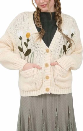 Blu Pepper Floral Embroidery V Neck Button Down Knit Cardigan In Cream