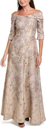 Teri Jon by Rickie Freeman Jacquard Floral Off-Shoulder 3/4-Sleeve Gown