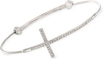Ross-Simons Sterling Silver Sideways Cross Bangle Bracelet With Diamond Accents