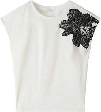 Patrizia Pepe T-shirt met bloemapplicatie - Dames - Tops zonder mouwen - Wit - L - Katoen - Tops