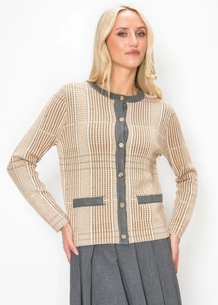 YAL New York Plaid Knit Cardigan in Camel and Cream
