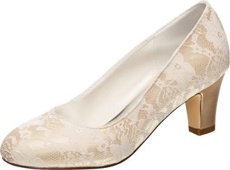 Emily Bridalwear 1505-1 Womens Wedding Shoes Closed Toe 2.56 Inches Chunky Heel Lace Satin Pumps Bridal Shoes (EU36/UK3.5, Champagne)