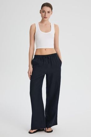 Orolay Oversized Linen Wide-Leg Drawstring Pants in Navy at Nordstrom, Size X-Small