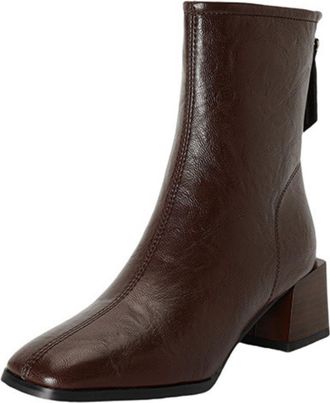 Generic Womens Ankle Boots Black Brown Crinkled PU Leather Square Toe Side Zip Block Heel Comfortable Non Slip Wear Resistant Daily Casual Office Date Nights,