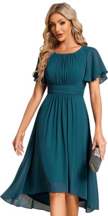 Ever-pretty Womens Chiffon Crew Neck Pleated Waist Short Sleeve Wedding Guest Dress Bridesmaids Teal 18UK