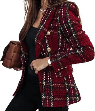 Generic Womens Elegant Business Casual Plaid Tweed Blazer Spring and Autumn Fashion Classic Lapel Double Breasted Formal Office Blazer (Red,L)