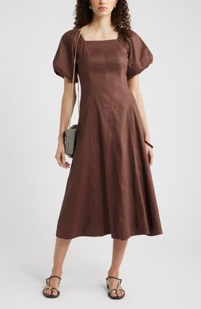 Nordstrom Seam Detail Linen Blend Midi Dress in Brown Roast at Nordstrom, Size Xx-Small