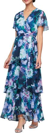 S.L. Fashions Floral Tiered Gown in Blue/Multi at Nordstrom, Size 14